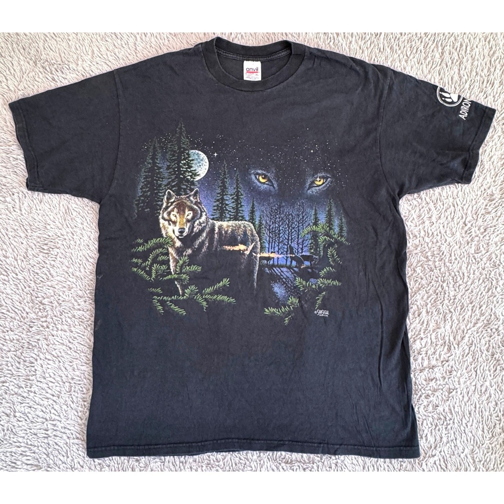 Vintage Anvil Adirondacks Wolf Graphic T-Shirt Black XL Nature Moon Night Tee
